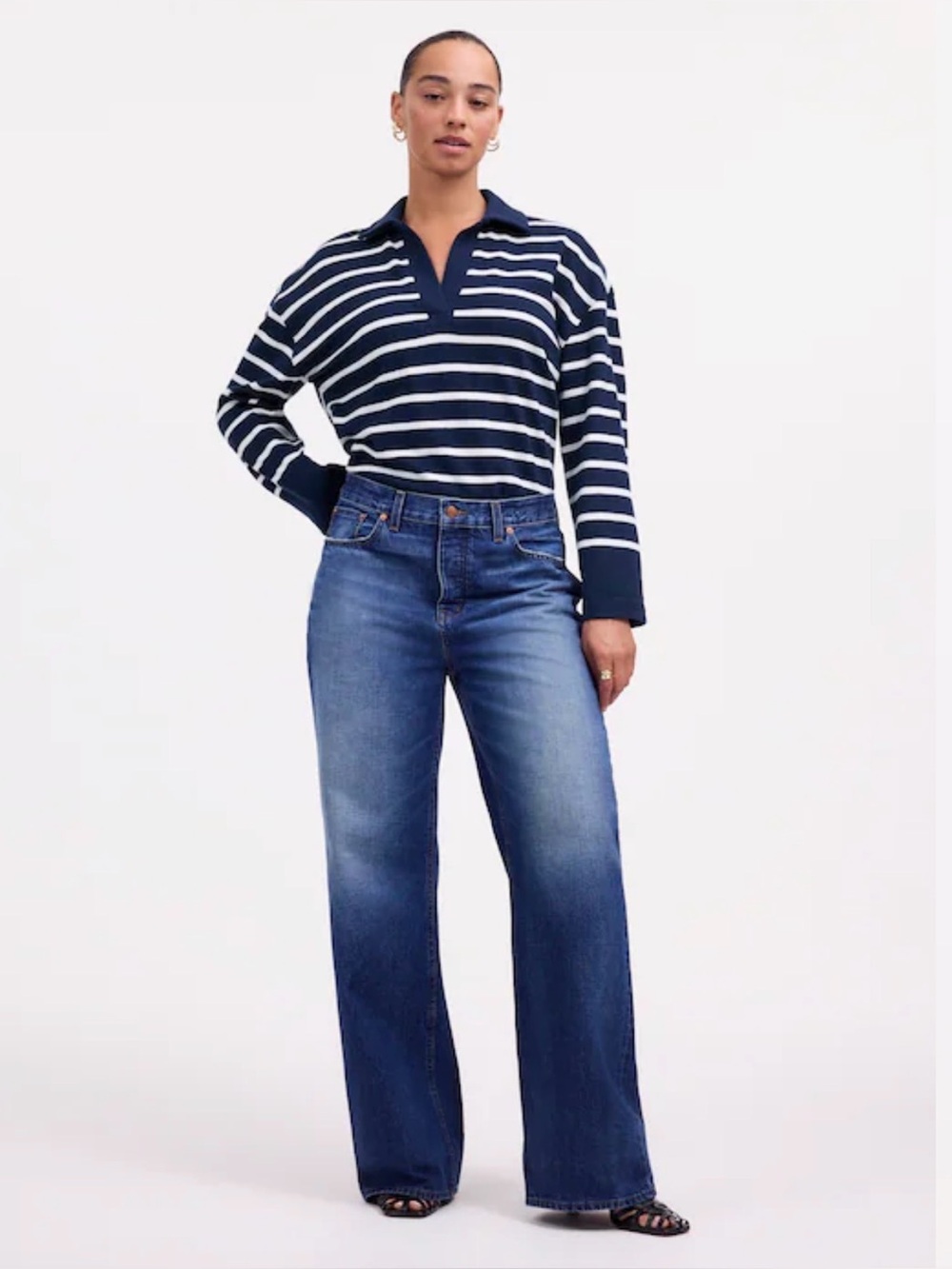 Madewell Rugby Polo Tee in Navy Stripe Size Small